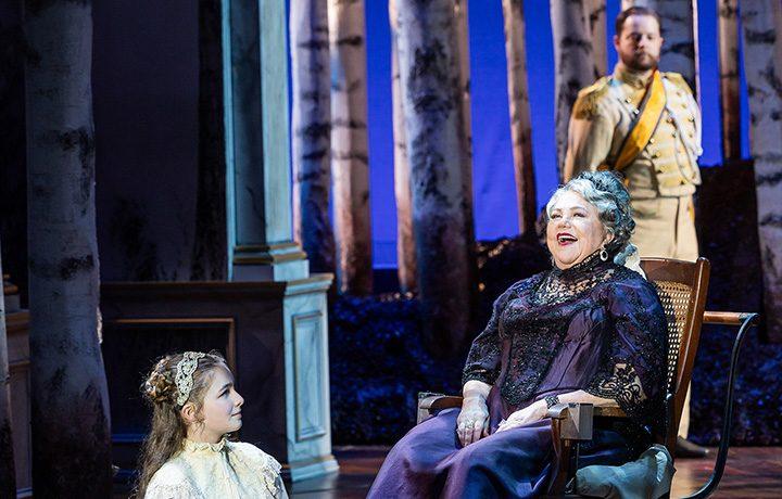 Lily Philbrook as Fredrika Armfeldt, Kathleen Turner as Madame Armfeldt, and Colin Anderson as Mr. Erlanson in A Little Night Music, 2024 (Ogunquit Playhouse)