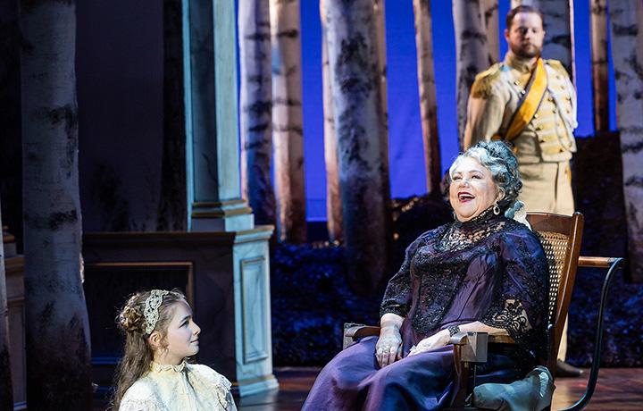 Lily Philbrook as Fredrika Armfeldt, Kathleen Turner as Madame Armfeldt, and Colin Anderson as Mr. Erlanson in A Little Night Music, 2024 (Ogunquit Playhouse)