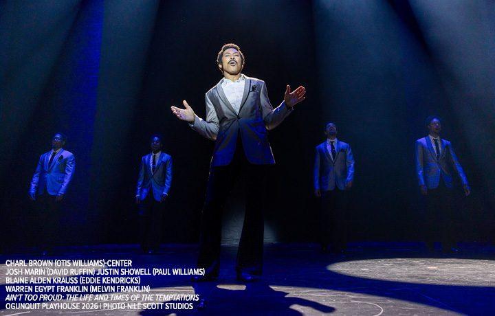 CHARL BROWN (OTIS WILLIAMS)-Center JOSH MARIN (DAVID RUFFIN) JUSTIN SHOWELL (PAUL WILLIAMS) BLAINE ALDEN KRAUSS (EDDIE KENDRICKS) WARREN EGYPT FRANKLIN (MELVIN FRANKLIN) AIN’T TOO PROUD: THE LIFE AND TIMES OF THE TEMPTATIONS OGUNQUIT PLAYHOUSE 2026 | PHOTO NILE SCOTT STUDIOS